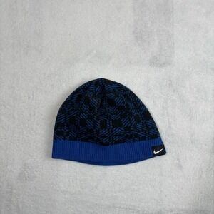 VTG Y2K Nike Fleece Beanie Black Blue Skully Hat Youth Size 8-20 Boys